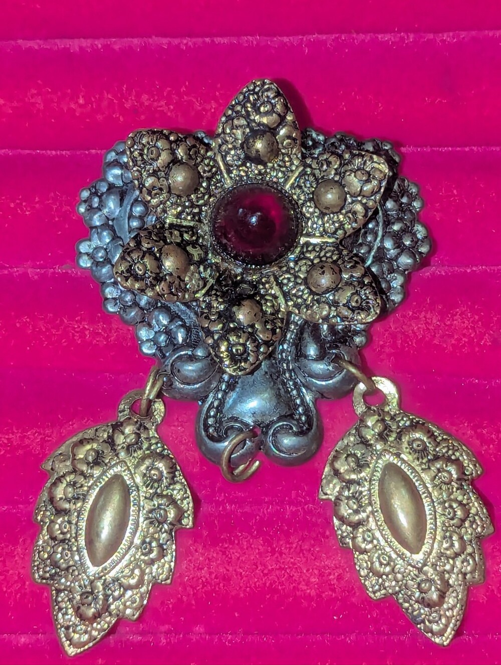 Vtg Dangle Flower Brooch With Red Glass Cabochon Natural Aging